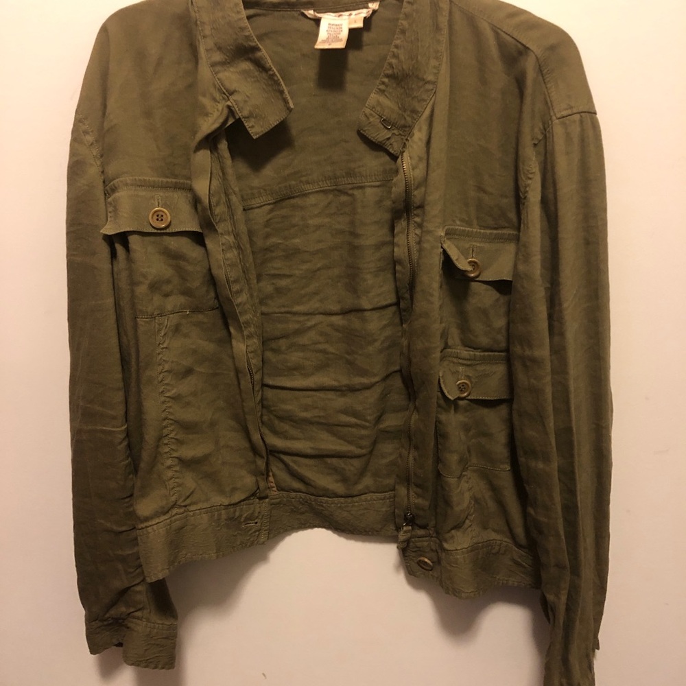Beautifully broken in army green linen jacket